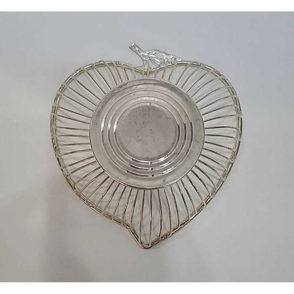 Vintage Silverplate Heart-Shaped Fruit Basket with Leaf Accent